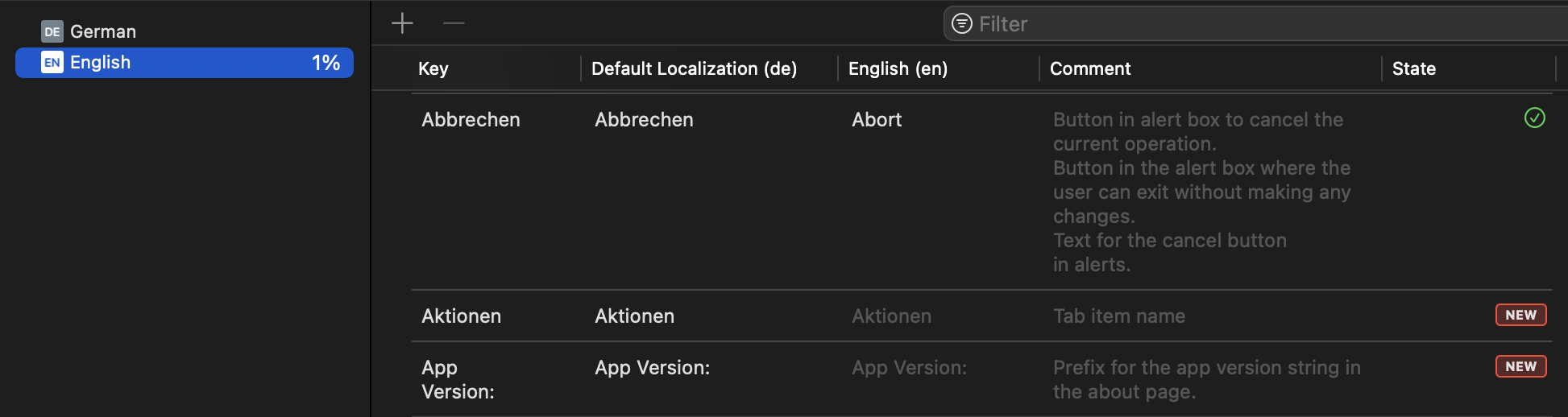 Localization Catalog in Xcode showing the new language and only 1% completion after one translation was added by hand. Note the State in the right-most column.