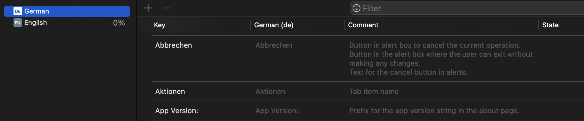 Localization Catalog in Xcode showing the original German terms along with the comments.