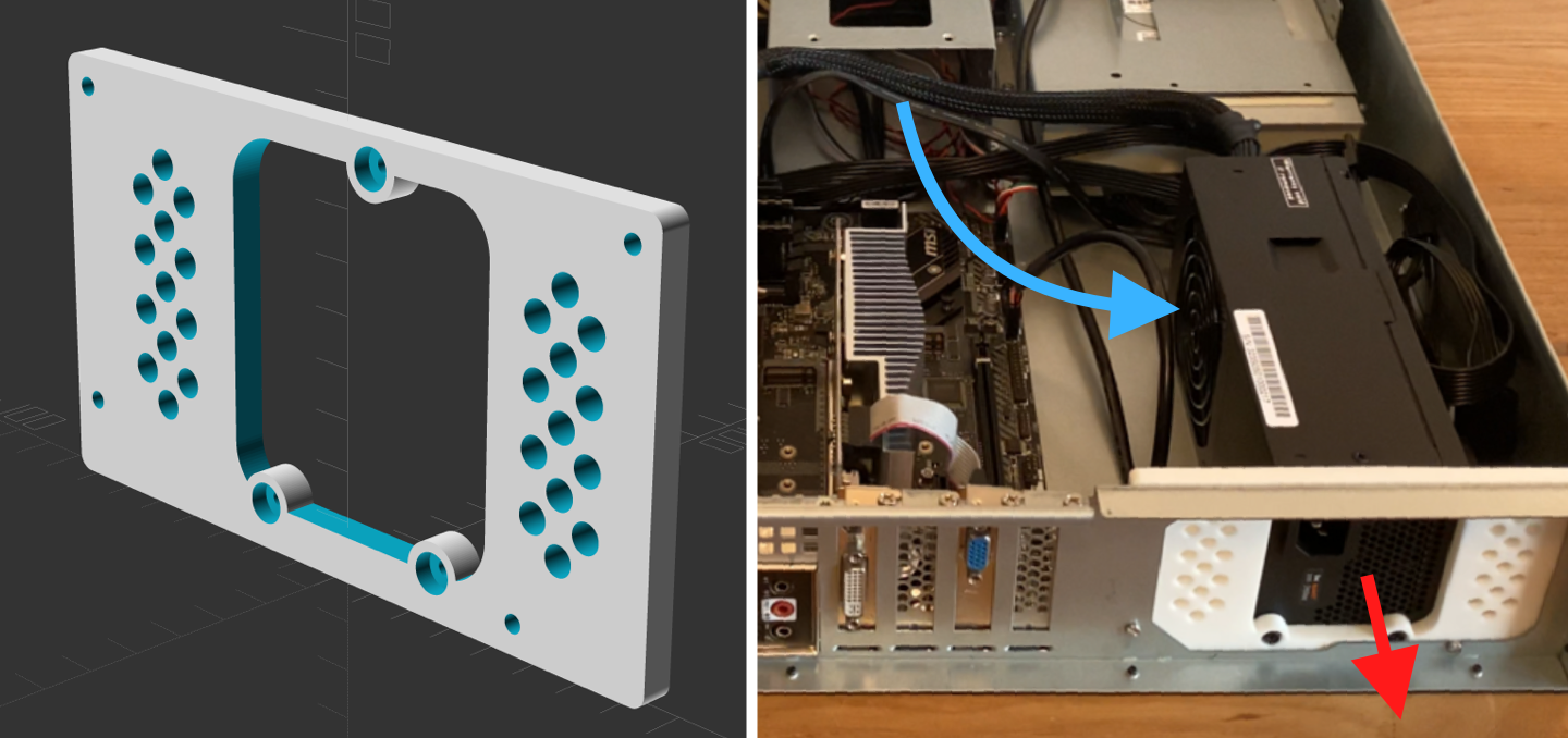 3D printable PSU adapter model and the cooling concept, showing that the PSU can suck in plenty of air as it is mounted sideways with the fan not blocked by any other component.