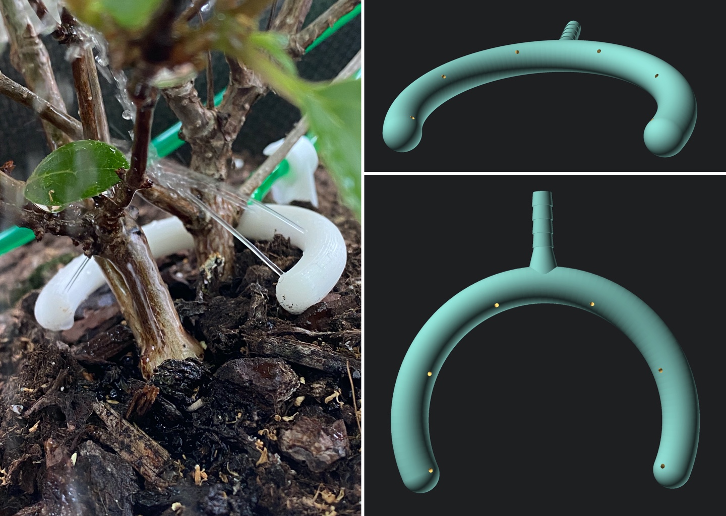 Left: Round sprinkler watering a plant. Upper right: 3D model front view. Lower right: 3D model top view. The models shown here are made for tubes with an inner diameter of 4mm and have six holes for water to escape.