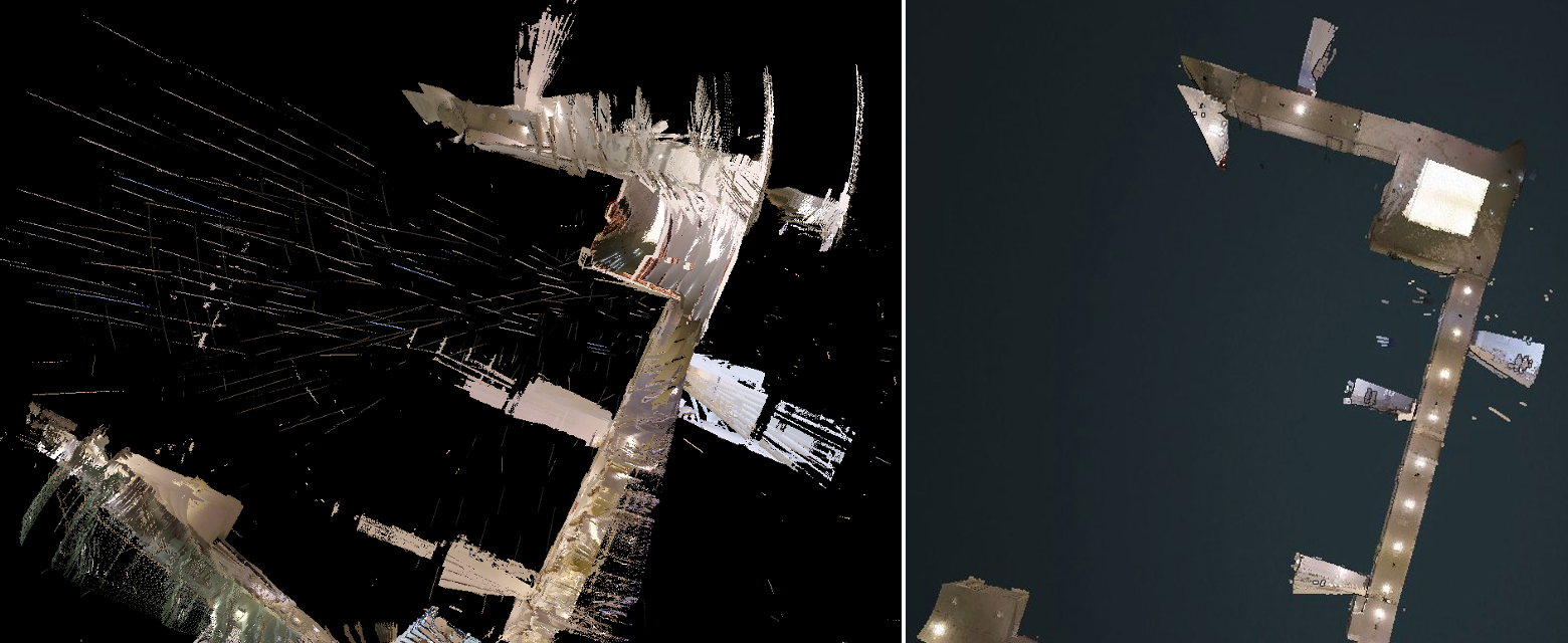 Cartographer output from data collected while driving through a hallway. Left the bad configuration. Improved results on the right.