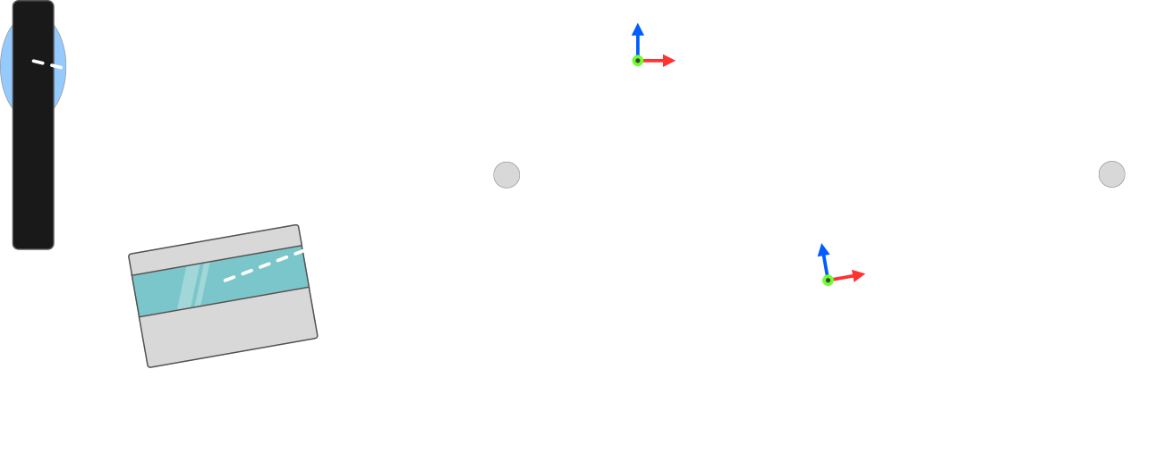 The coordinate transforms between lidar and camera visualized. Left: Lidar and camera along with detected point. Right: Transformations between lidar and camera and the location of a point in different coordinate frames.