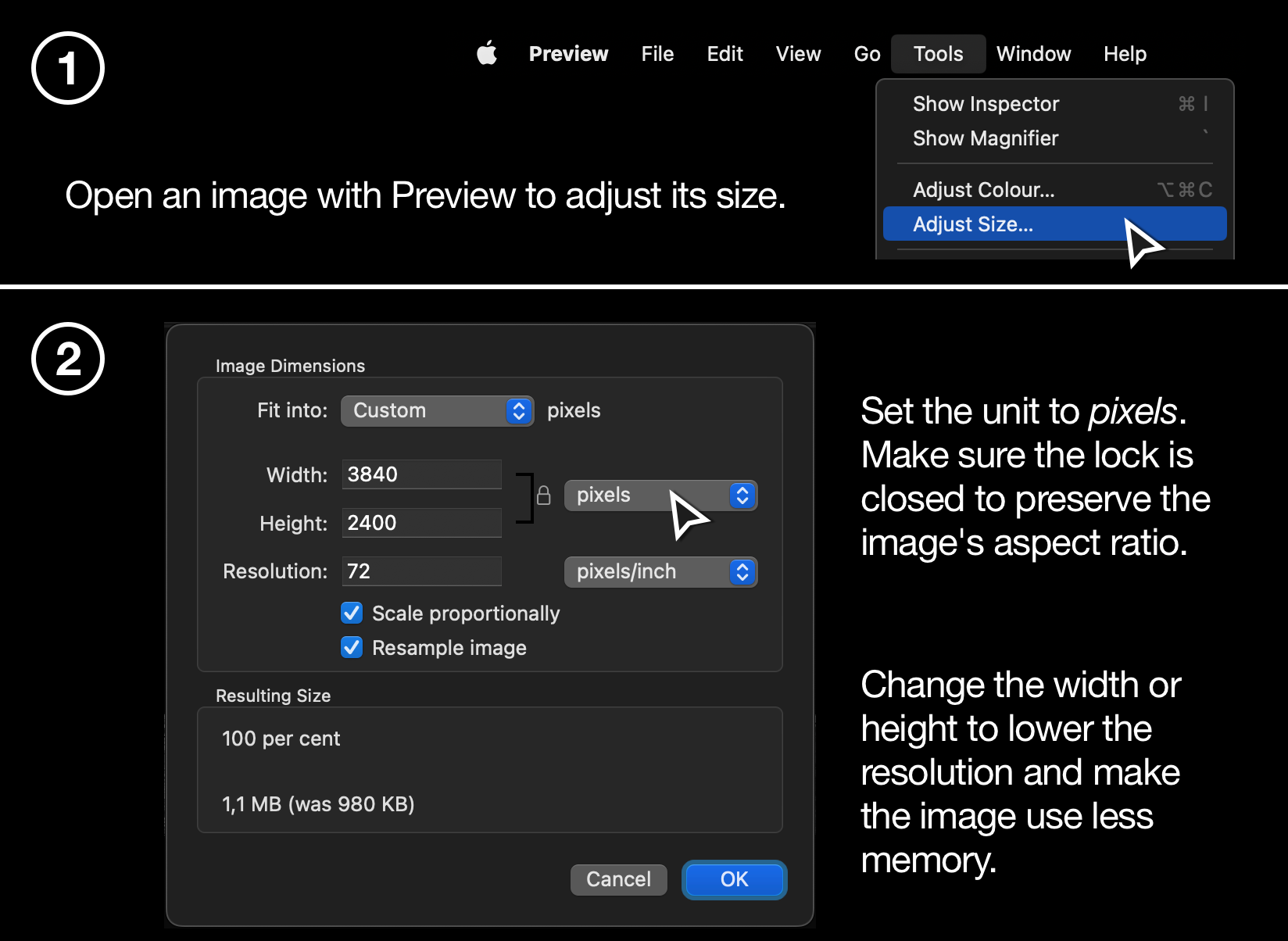 macOS comes with handy built-in tools to change the resolution of images, making them take up less memory space or sharing less details with people who see the image.