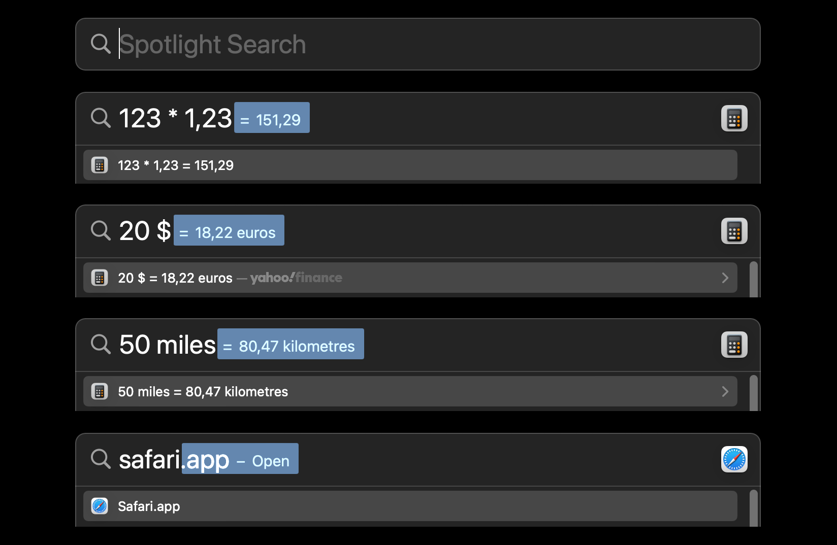 Overview of different spotlight features, including currency conversions, calculator and opening apps quickly.