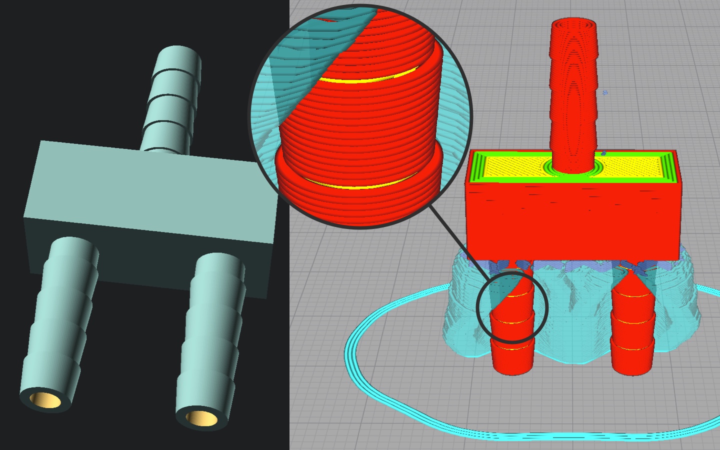 Water distributor with all connectors in the same orientation (rather 180° from one another). Left: 3D model, right: Layer structure. The enlargement shows that the connectors are smooth which makes it harder for water to escape through gaps.