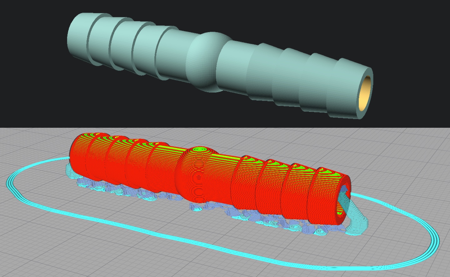 3D model of a hose connector and the visualization of the gcode for the same connector. Blue: Support material, green: Inner layers, red: Shell.