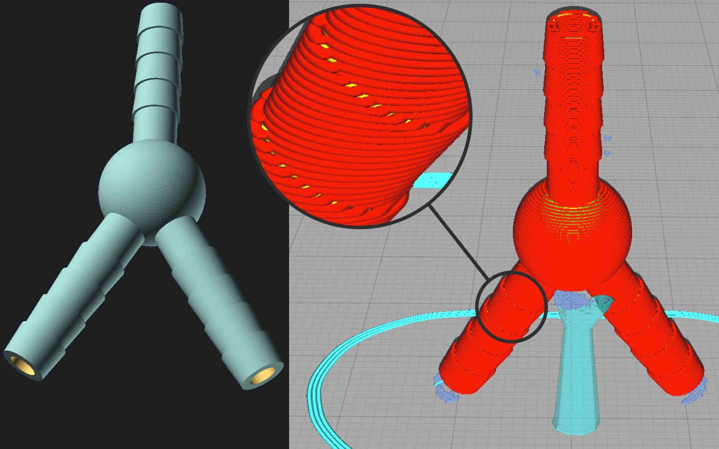 Water distributor with outlets positioned at an angle. Left: 3D model, right: Layer structure. The enlargement shows the steps in the layer structure and the yellow layers beneath the red top layer are even visible.